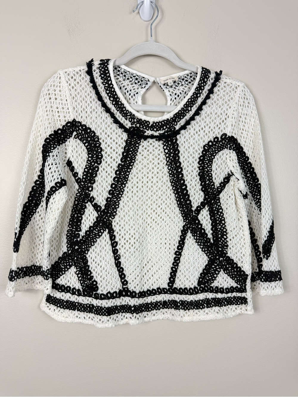 River Island Crochet Top Womens UK 10 Black White Boho Feminine Resort Chic